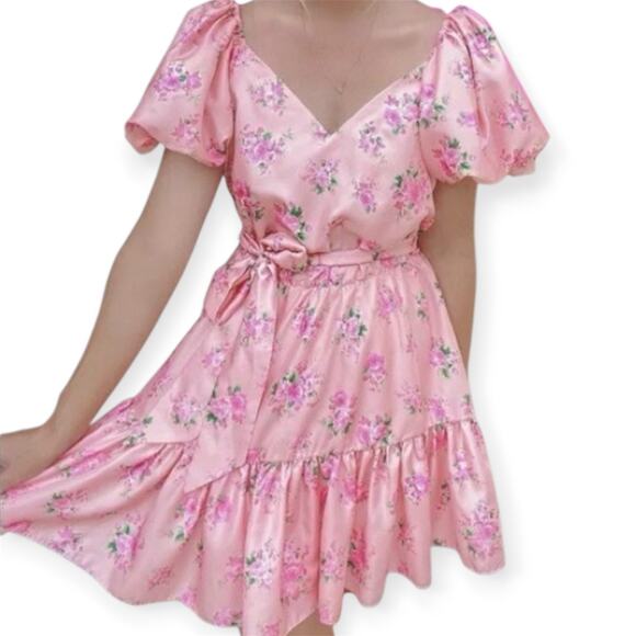 LoveShackFancy x Target Cecile Puff Sleeves Pink Rose Floral Mini Dress Size 2 - Picture 1 of 12